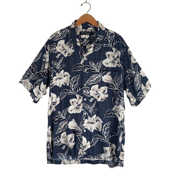 Vintage 90s Tori Richards Mens Size L Navy Hawaiian Shirt MOP Logo Buttons Surf - Picture 1 of 9